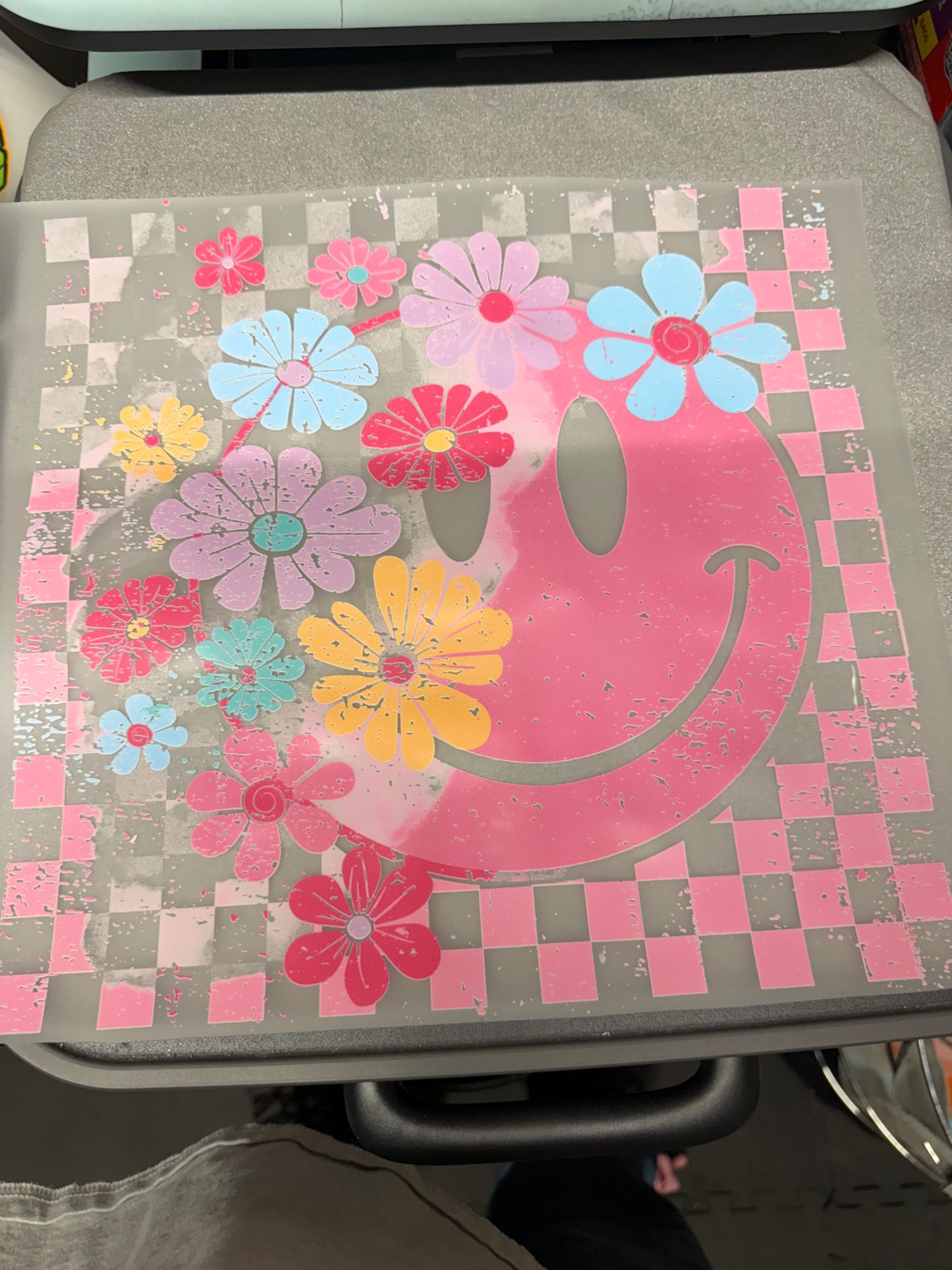 Pink Floral Smiley Checkerboard DTF Transfer