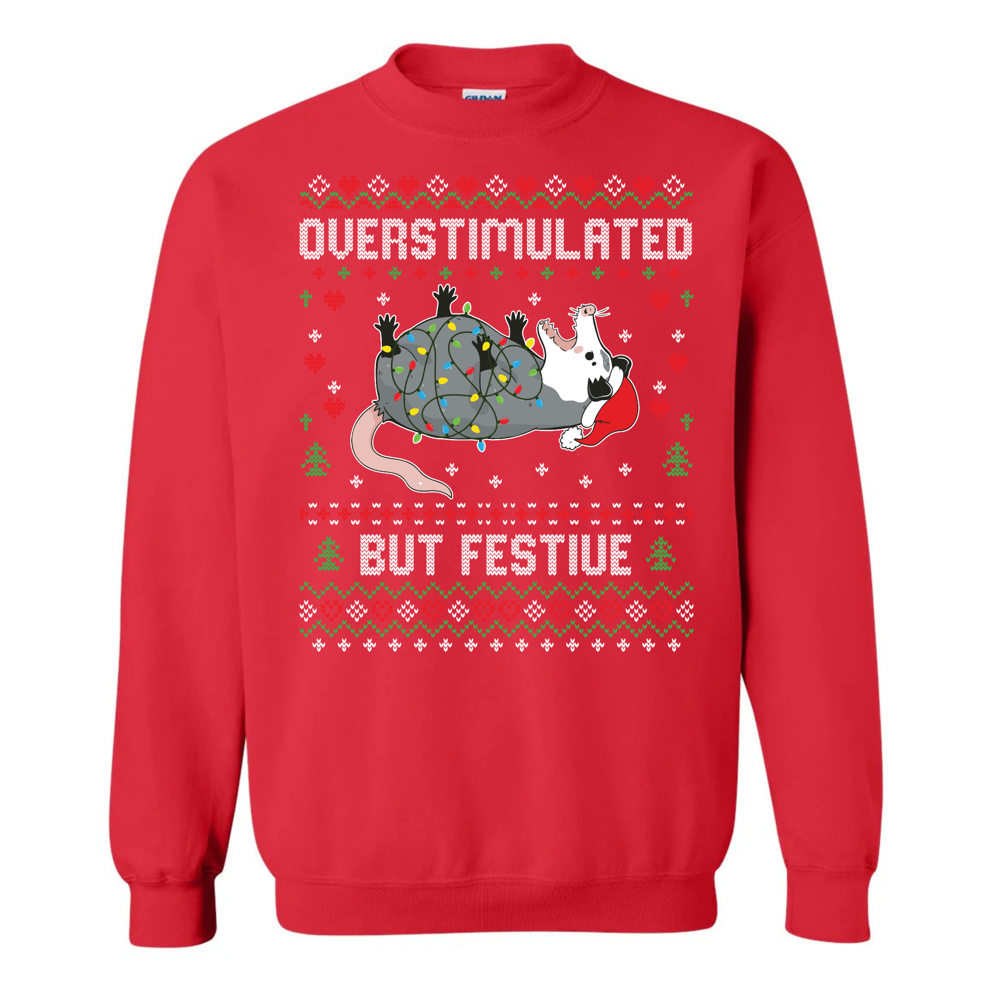 Red sweatshirt with possum Christmas-themed design and text on a white background