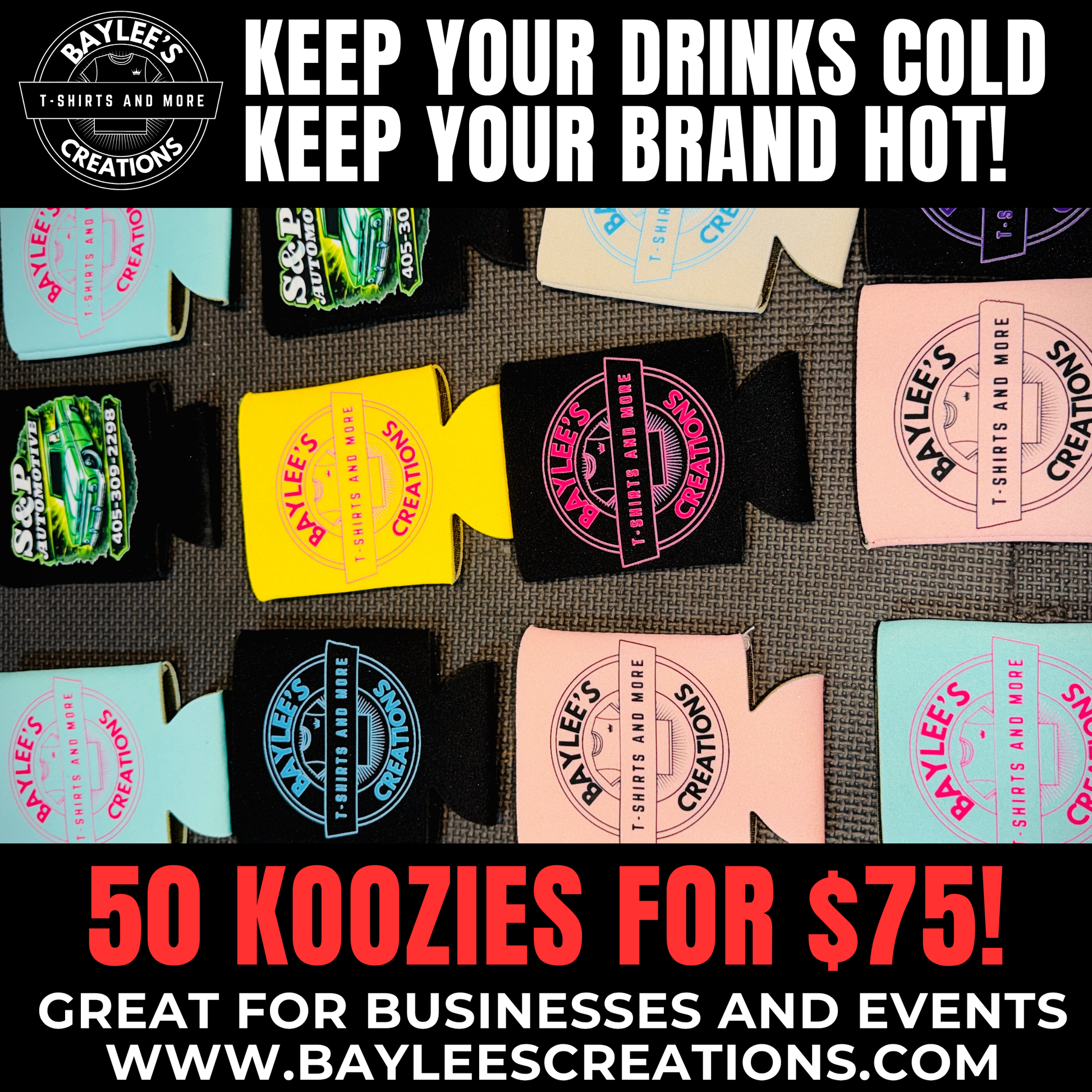 Collection of branded can coolers with promotional text on a dark background