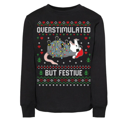 Black sweatshirt with Christmas-themed design and text 'Overstimulated But Festive' on a white background
