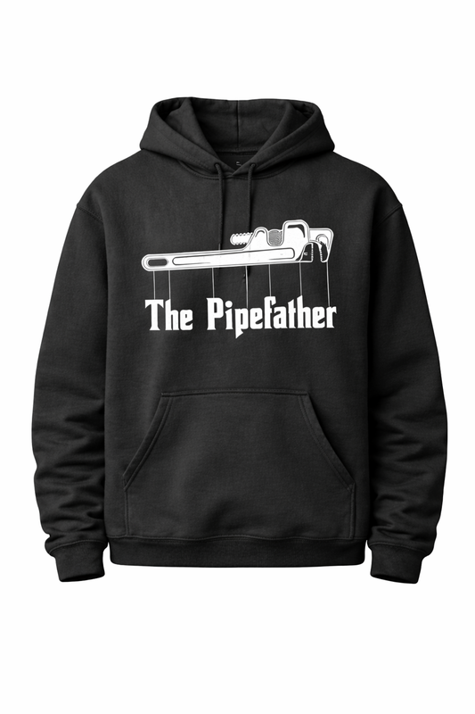 Black hoodie with 'The Pipefather' graphic on a white background