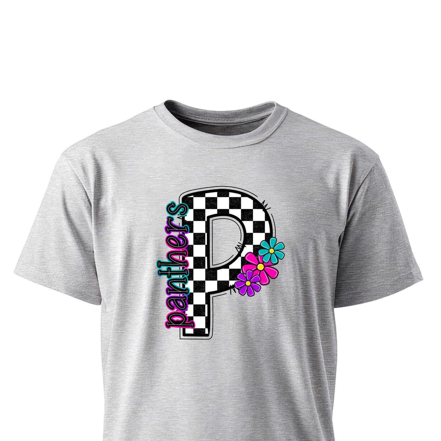 Checkered Panthers letter P with teal, purple, and pink flowers on unisex t-shirt