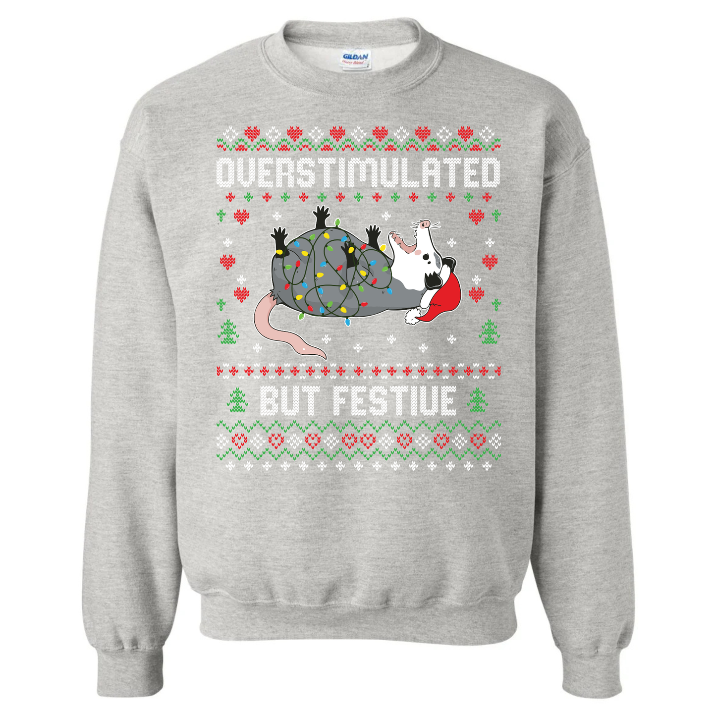 Gray sweatshirt with Christmas-themed design and text on a white background