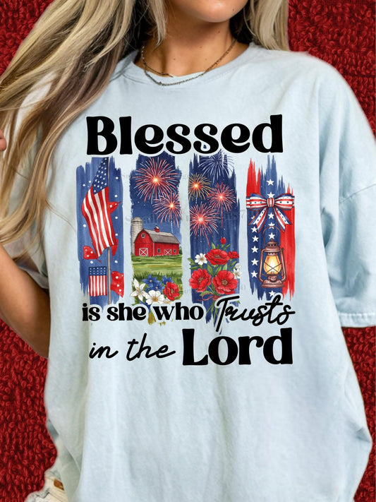 Blessed is she who trusts in the Lord  Patriotic Women's Faith T Shirt - Baylee's Creations T-Shirts and More