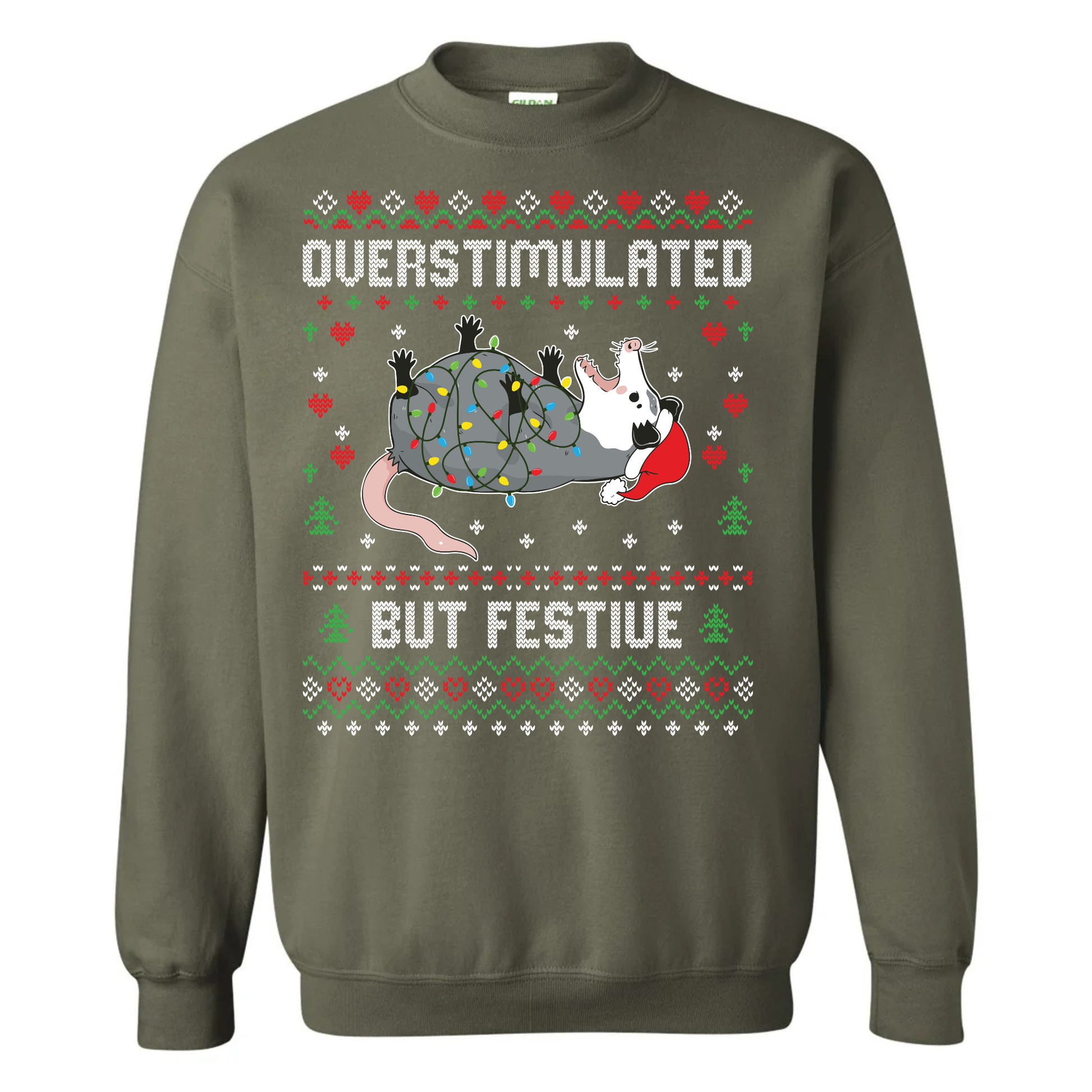 Green sweatshirt with Christmas-themed design and text on a white background