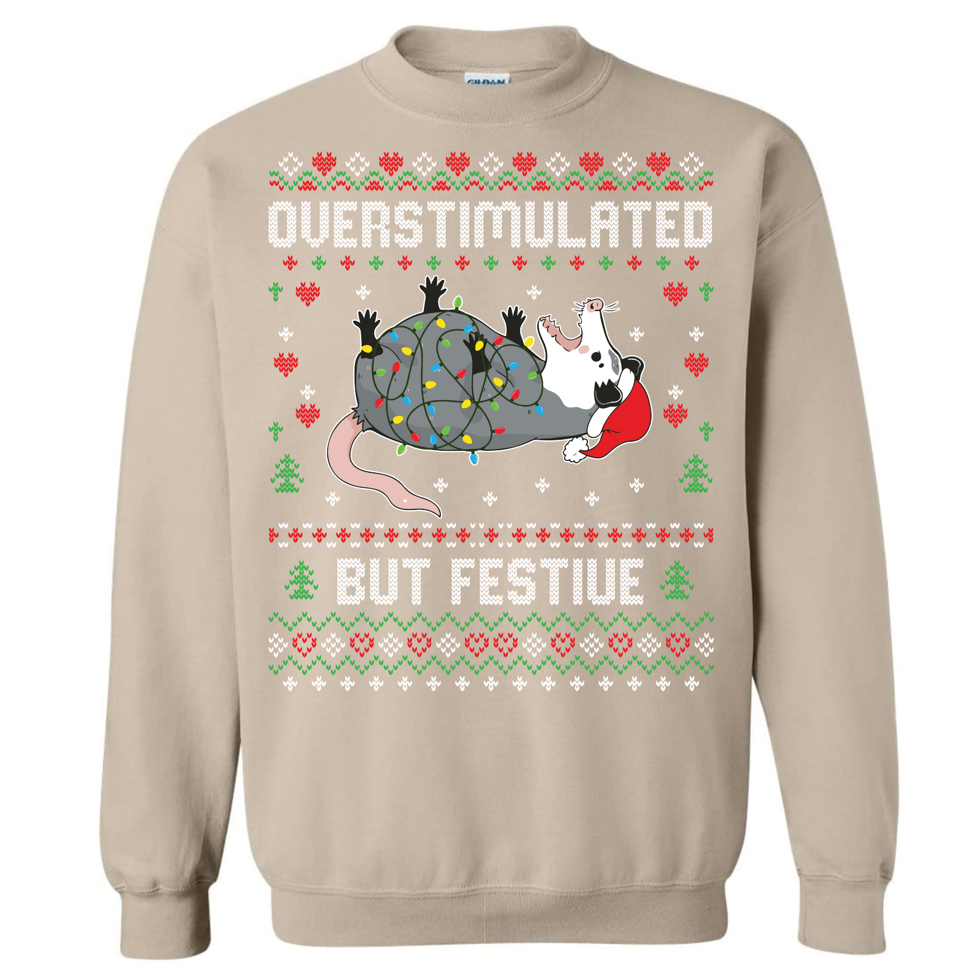 Beige sweatshirt with Christmas-themed design and text 'OVERSTIMULATED BUT FESTIVE' on a white background.