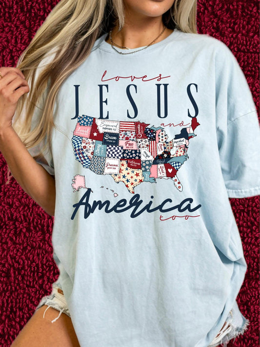 Loves Jesus and America Too Patriotic Women's T Shirt
