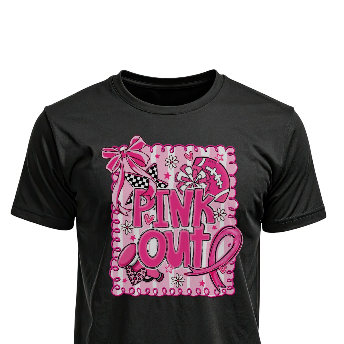 Football Breast Cancer Football Bow Unisex T-Shirts on black shirt by Baylee's Creations