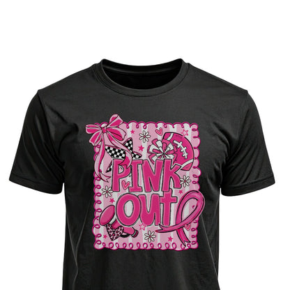 Football Breast Cancer Football Bow Unisex T-Shirts on black shirt by Baylee's Creations
