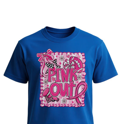 Football Breast Cancer Football Bow Unisex T-Shirts on blue shirt by Baylee's Creations