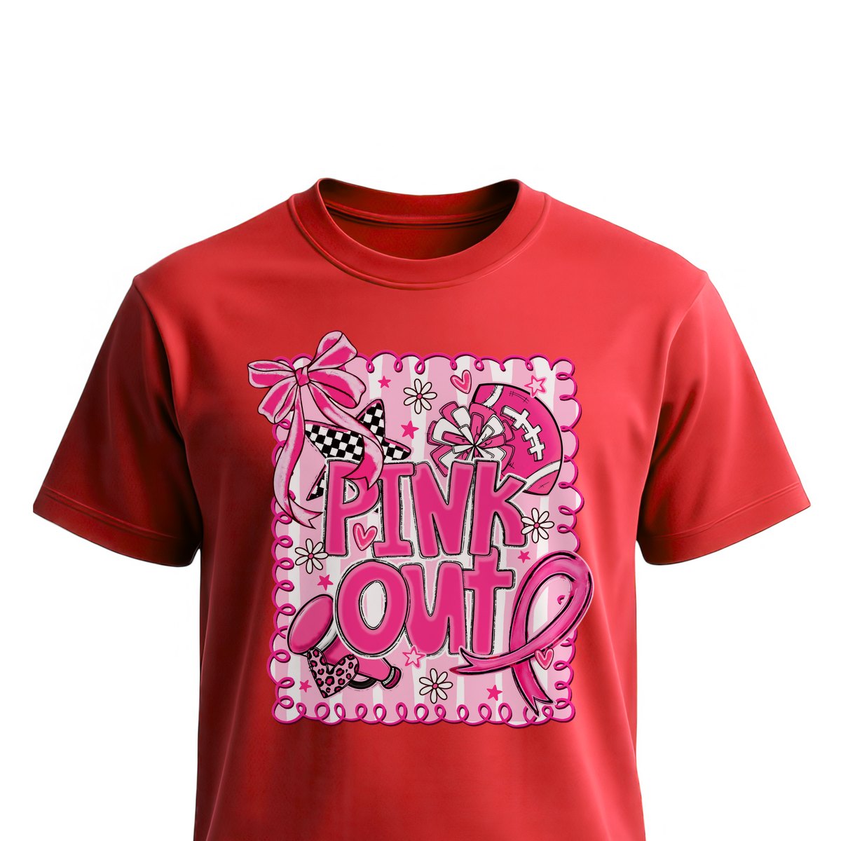 Football Breast Cancer Football Bow Unisex T-Shirts on red shirt by Baylee's Creations