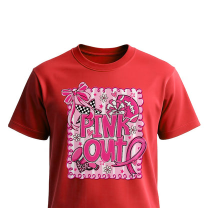 Football Breast Cancer Football Bow Unisex T-Shirts on red shirt by Baylee's Creations