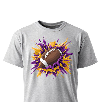 Football Splash Football Purple Gold Unisex T-Shirts on ash gray shirt by Baylee's Creations
