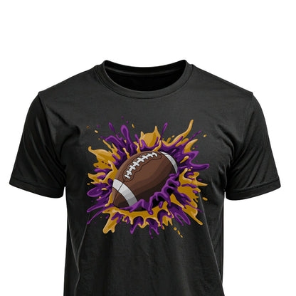 Football Splash Football Purple Gold Unisex T-Shirts on black shirt by Baylee's Creations