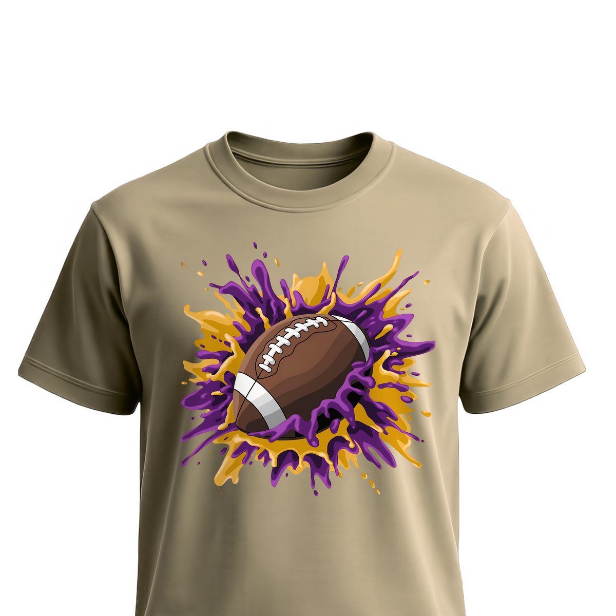 Football Splash Football Purple Gold Unisex T-Shirts on sand shirt by Baylee's Creations