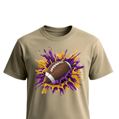 Football Splash Football Purple Gold Unisex T-Shirts on sand shirt by Baylee's Creations