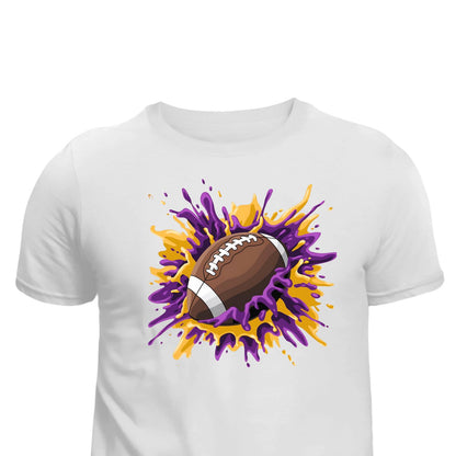 Football Splash Football Purple Gold Unisex T-Shirt printed apparel by Baylees Creations