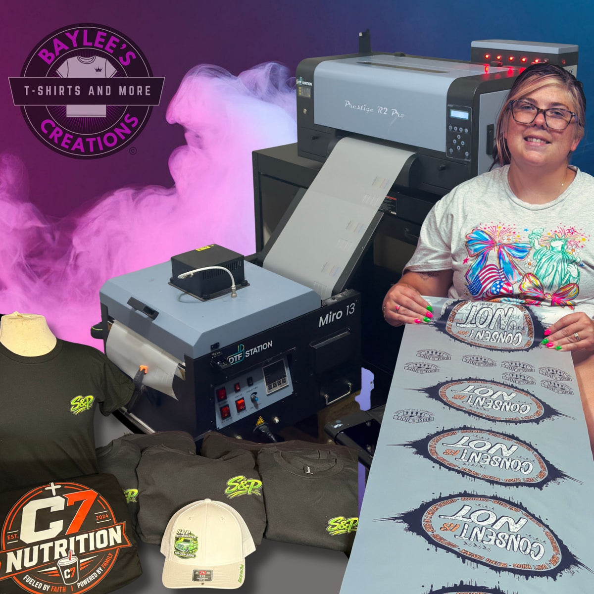 Baylee with DTF printing equipment and completed customer apparel